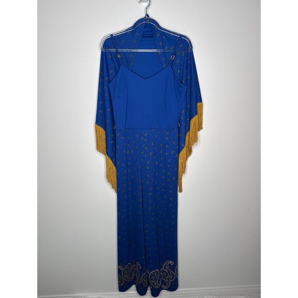 1970s Alfred Shaheen Blue Paisley Jumpsuit Set w Fringe Shawl medium - Picture 3 of 14
